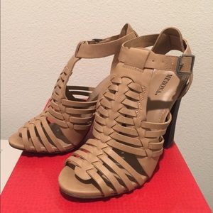 Tan woven block heels