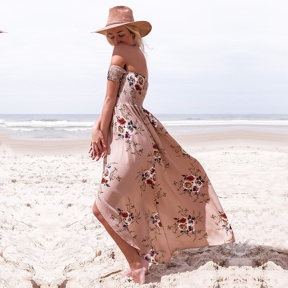 Vacation Ready beige floral off shoulder dress - Picture 3 of 8