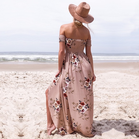 Vacation Ready beige floral off shoulder dress - Picture 4 of 8