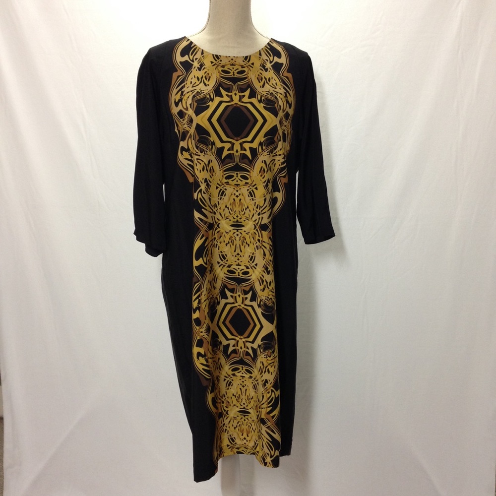 Ellen Tracy silk dress in gold geometric pattern