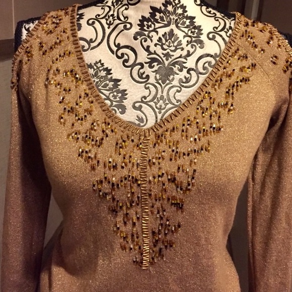 Cache Gold Beaded Cold Shoulder Sweater - Picture 3 of 5