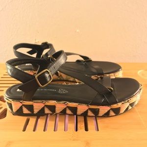 BDG Black Leather Sandals with Woven Wicker Sole