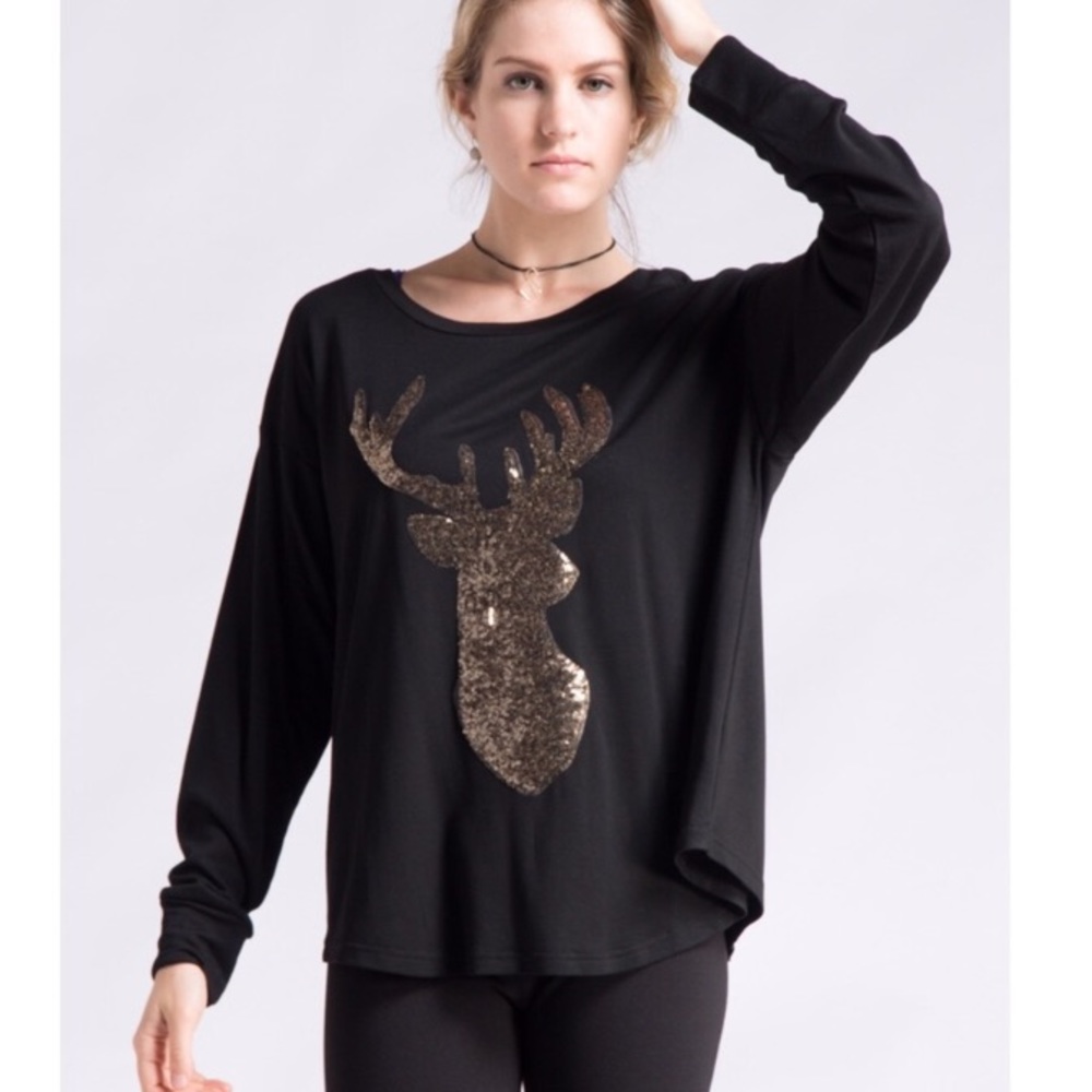 Sequin Reindeer French Terry Top