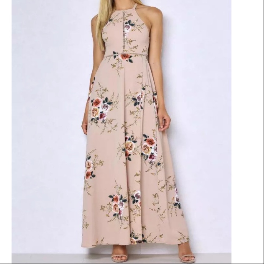 SALE! Sexy beige floral sleeveless maxi dress - Picture 2 of 7
