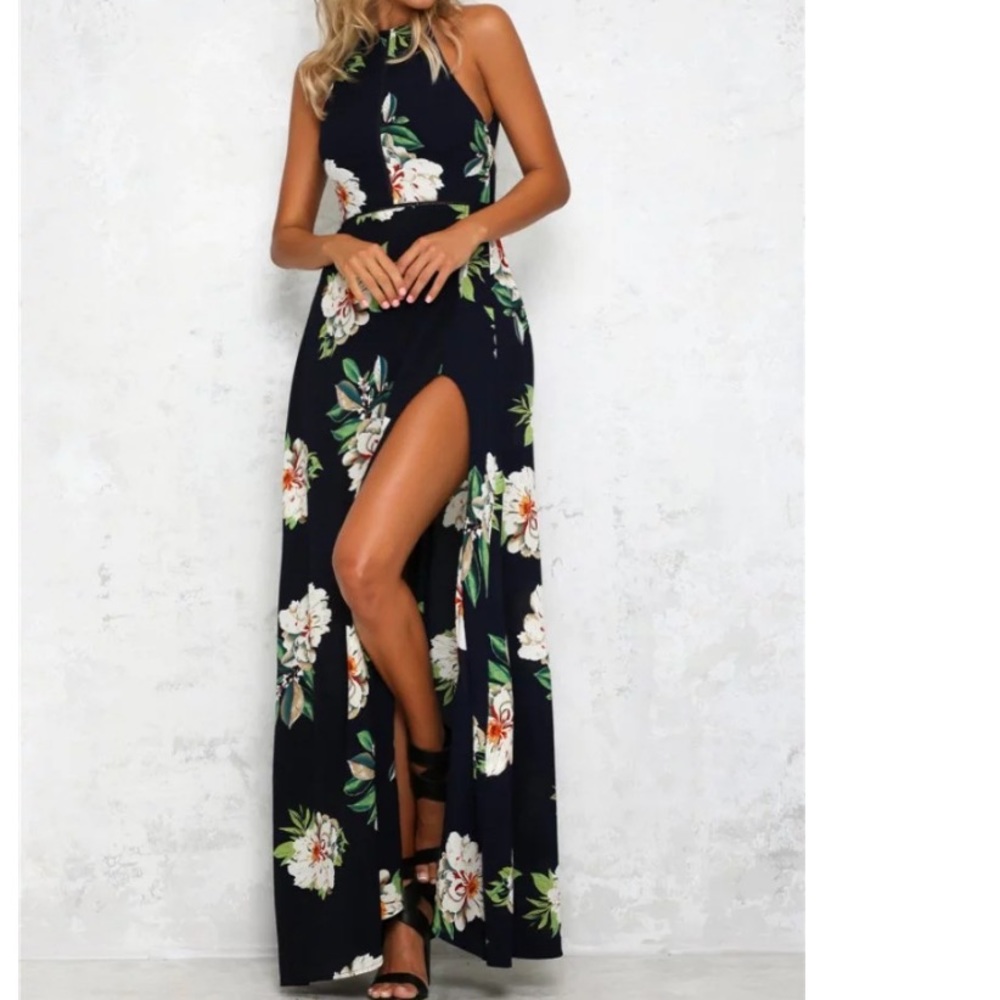 SALE! Sexy beige floral sleeveless maxi dress - Picture 5 of 7