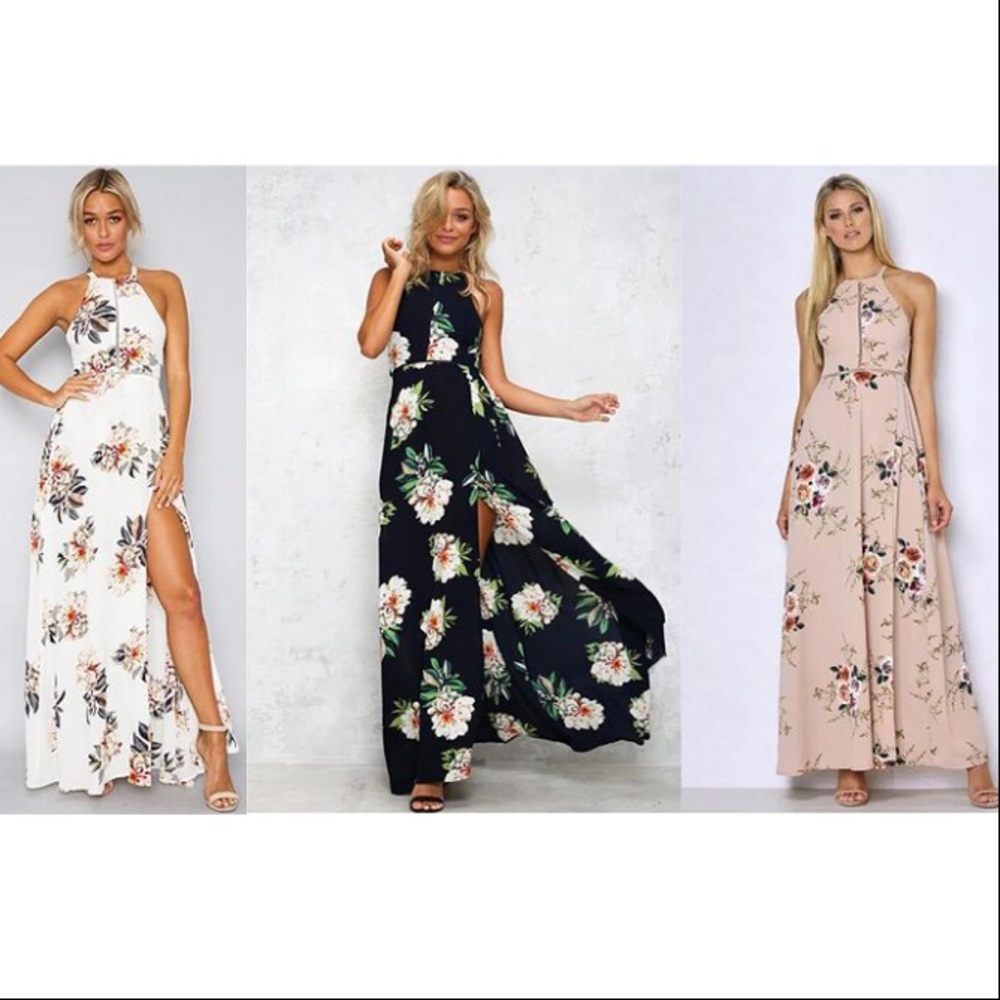 SALE! Sexy beige floral sleeveless maxi dress - Picture 3 of 7