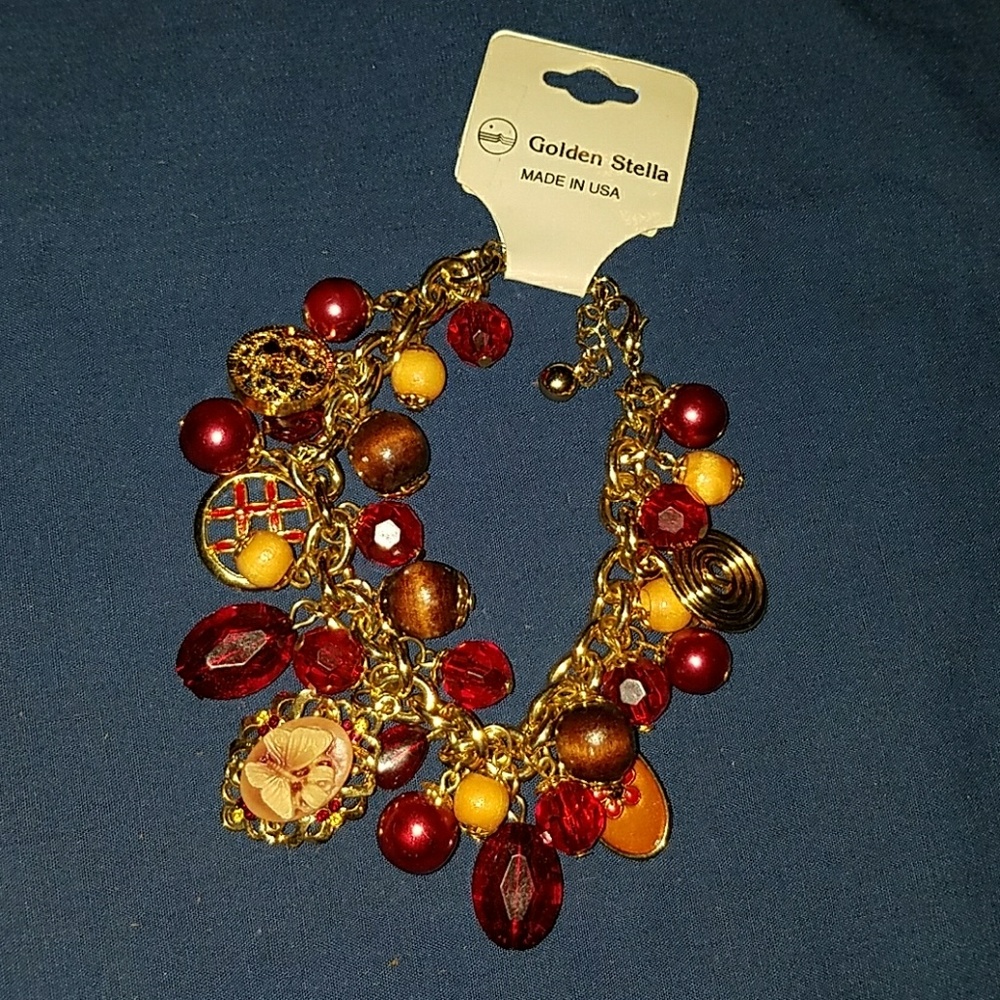 Cranberry and Gold Charm Bracelet
