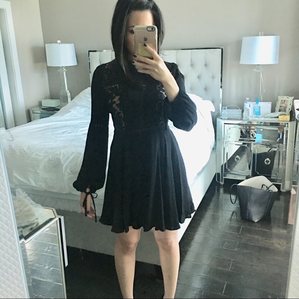 Mock Neck black lace dress w/ bow & cutout details