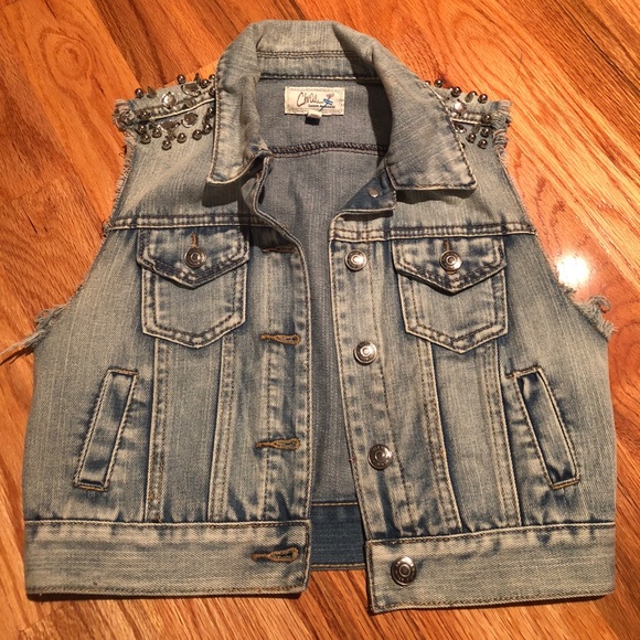 Bedazzled Shoulder Denim Vest - Picture 1 of 2