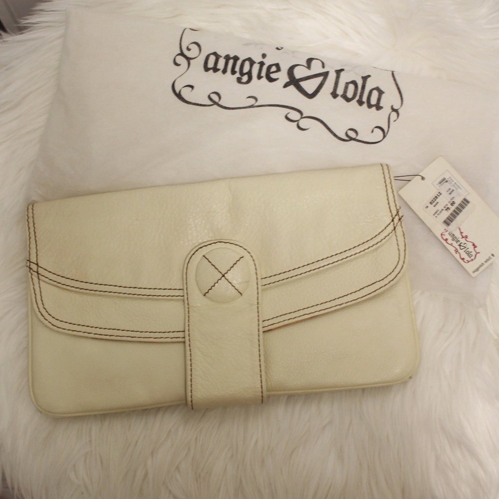 White leather button closure clutch (used)
