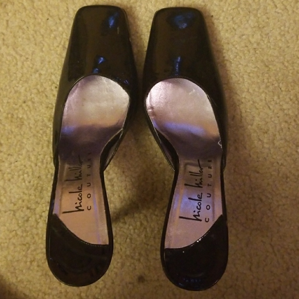 Black Patent Leather Nicole Miller Mules