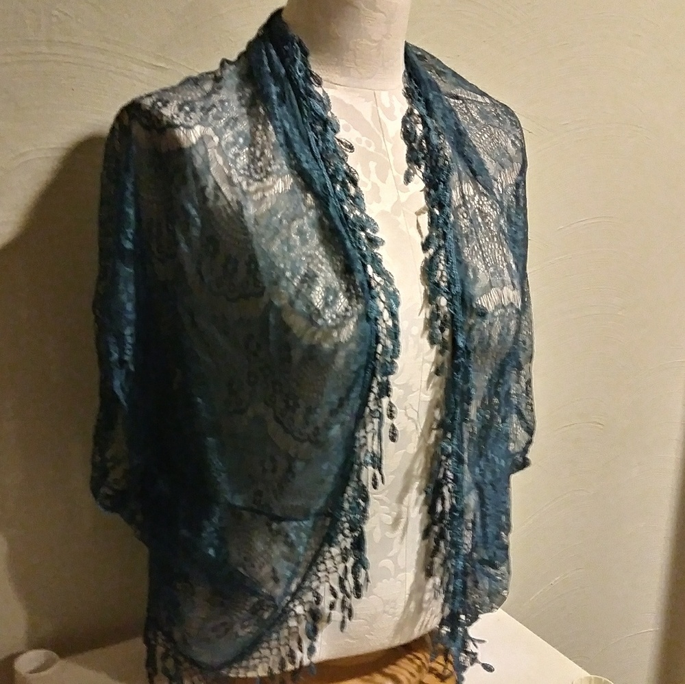 Teal blue shrug with fringe