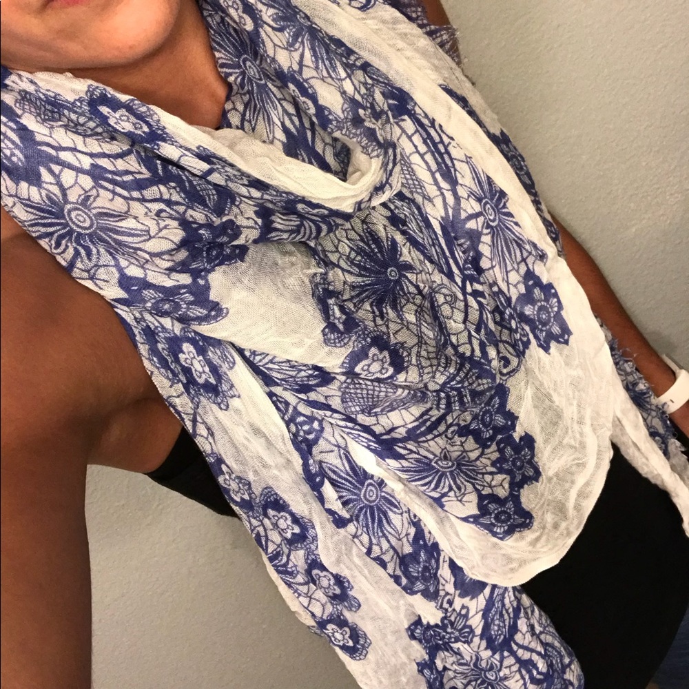 Light weight blue and white floral scarf