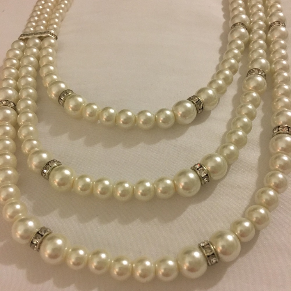 Triple pearl & crystal necklace