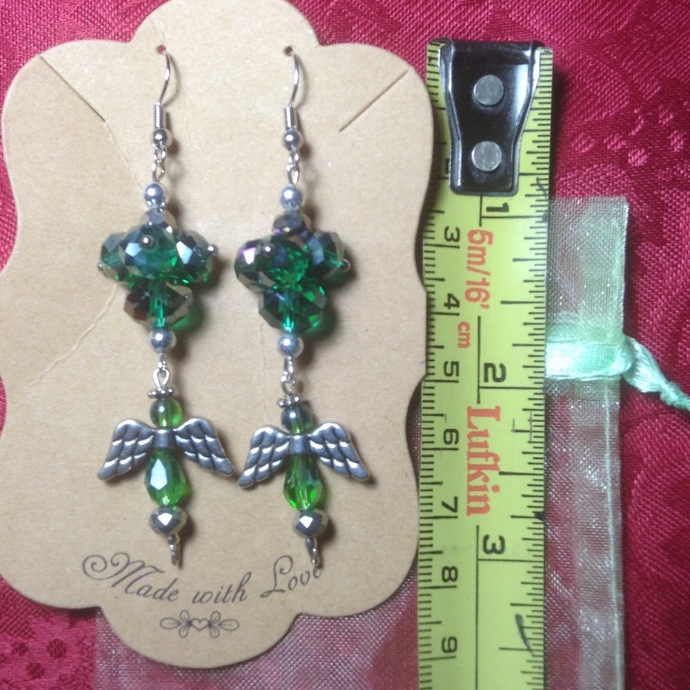NEW handcrafted hook style  green angel earrings