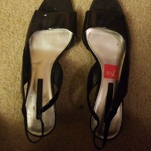 Navy Blue patent leather wedges