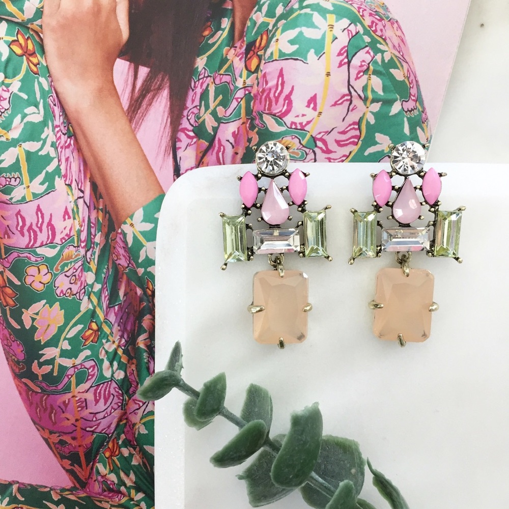 "Daphne" Earrings || Pink/Green Crystal Statement - Picture 2 of 8