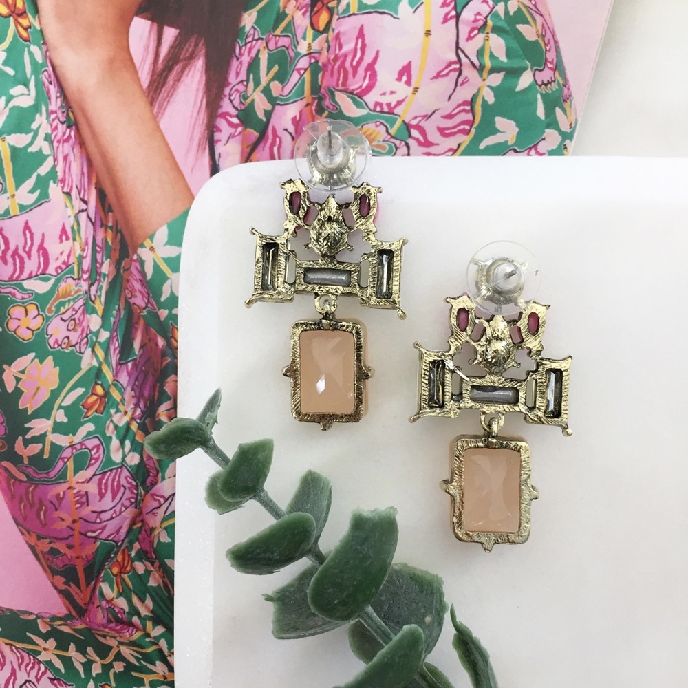 "Daphne" Earrings || Pink/Green Crystal Statement - Picture 3 of 8