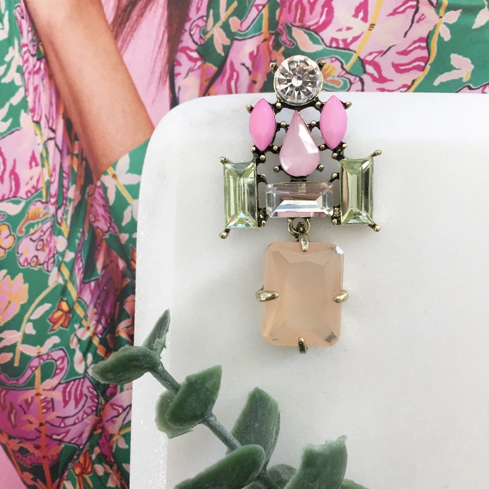 "Daphne" Earrings || Pink/Green Crystal Statement - Picture 6 of 8