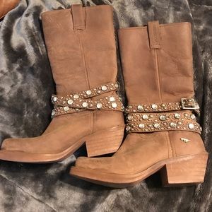 Brown Leather heeled boots with bling