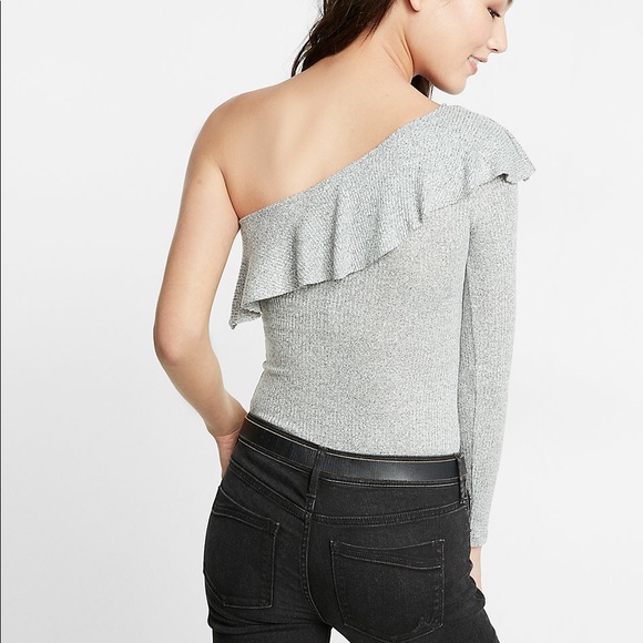 Gray Textured One Shoulder Ruffle Top - Picture 2 of 3