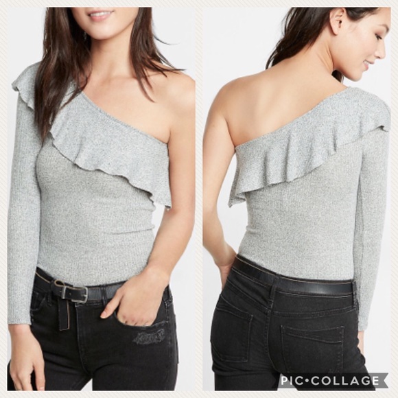Gray Textured One Shoulder Ruffle Top - Picture 3 of 3