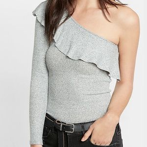 Gray Textured One Shoulder Ruffle Top