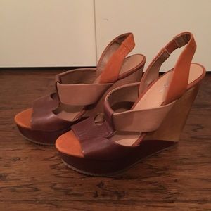 Also Leather brown orange tan wedges