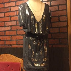 Black and silver low cut sequin mini dress
