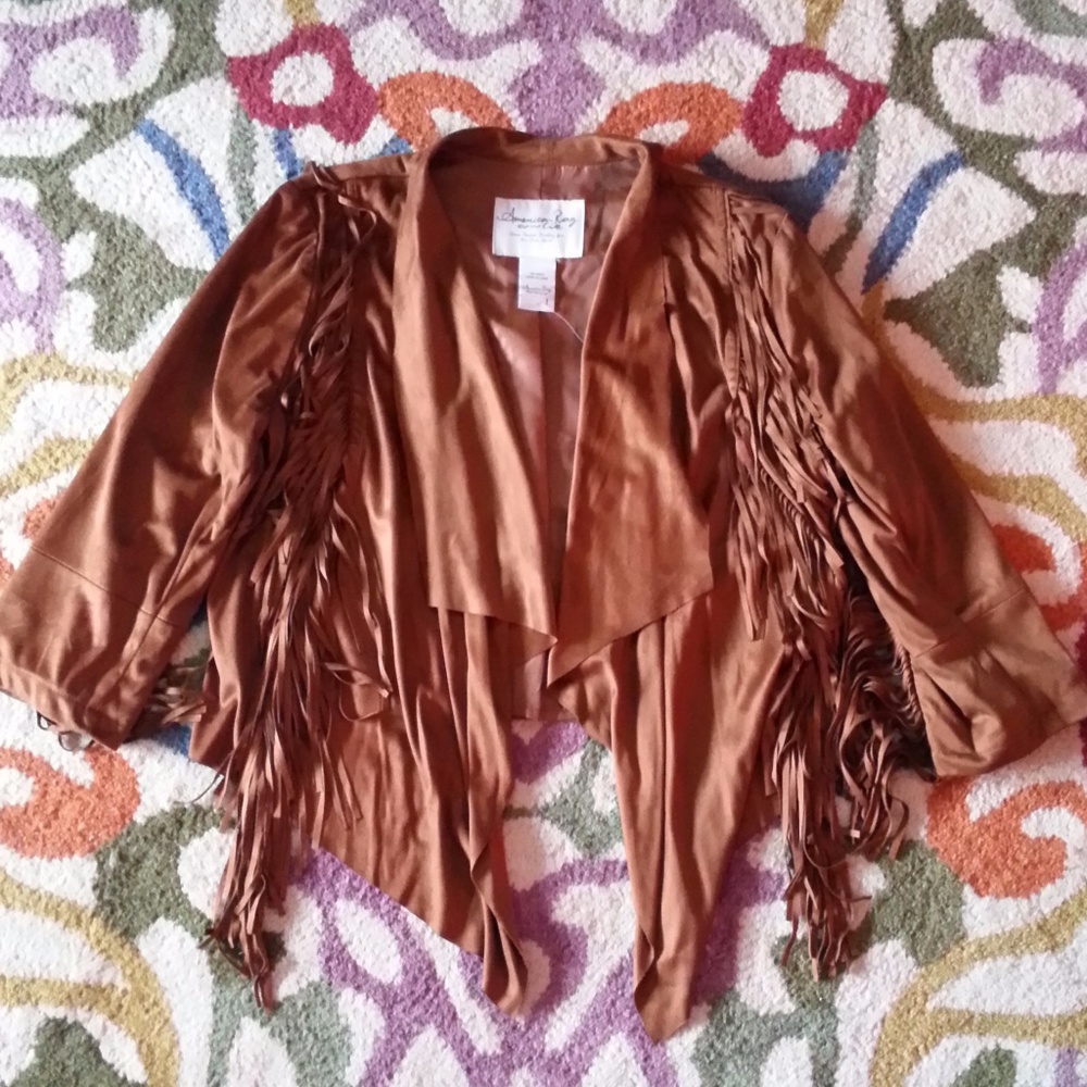 American Rag Fringed Faux-Suede Jacket Camel