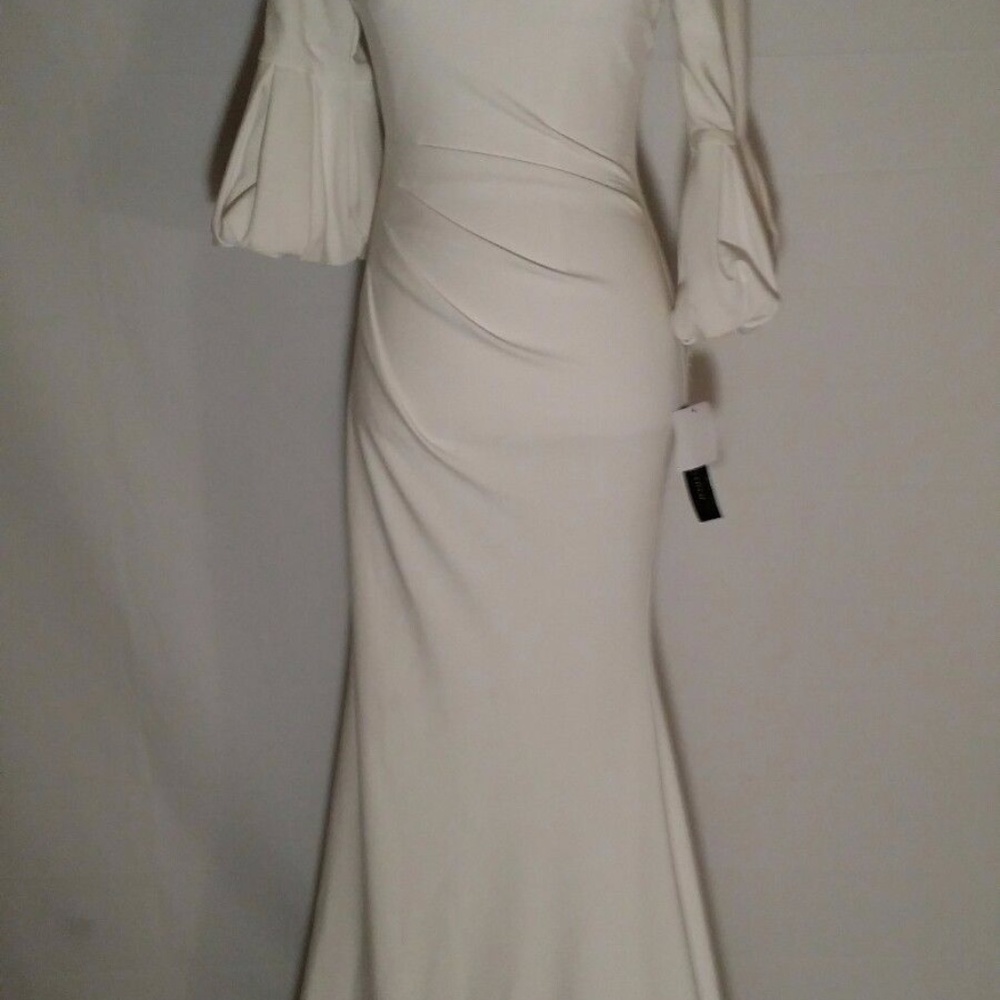 Betsy & Adam Women's One Shoulder Bell Sleeve Gown