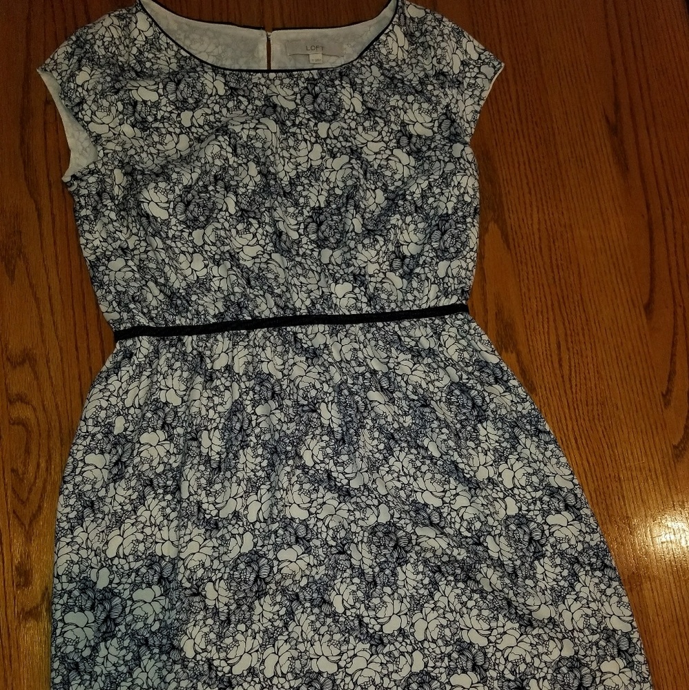 LOFT Beautiful Floral White Navy Dress Sz 12