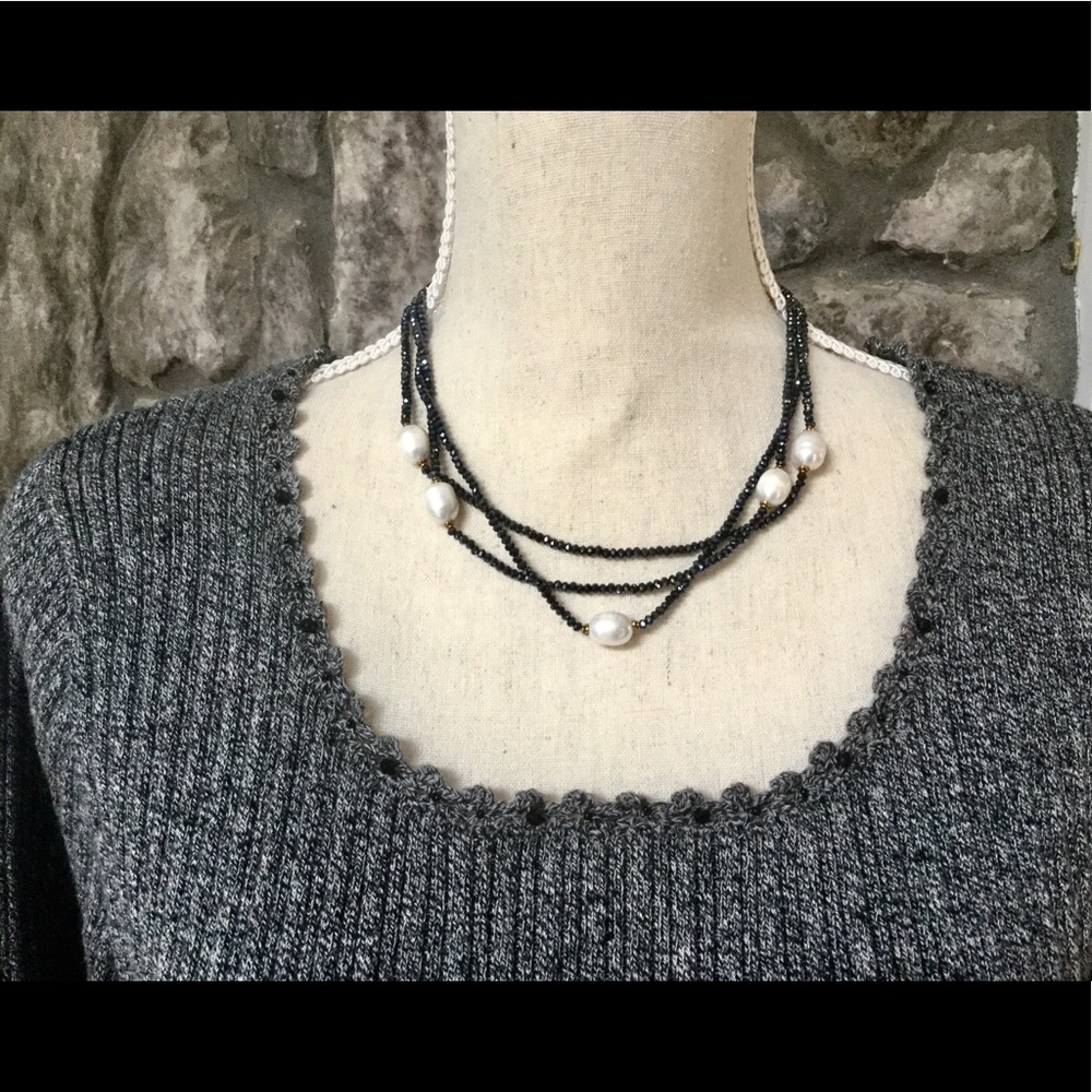 Genuine Pearls Dark Blue Crystals Necklace - Picture 3 of 5