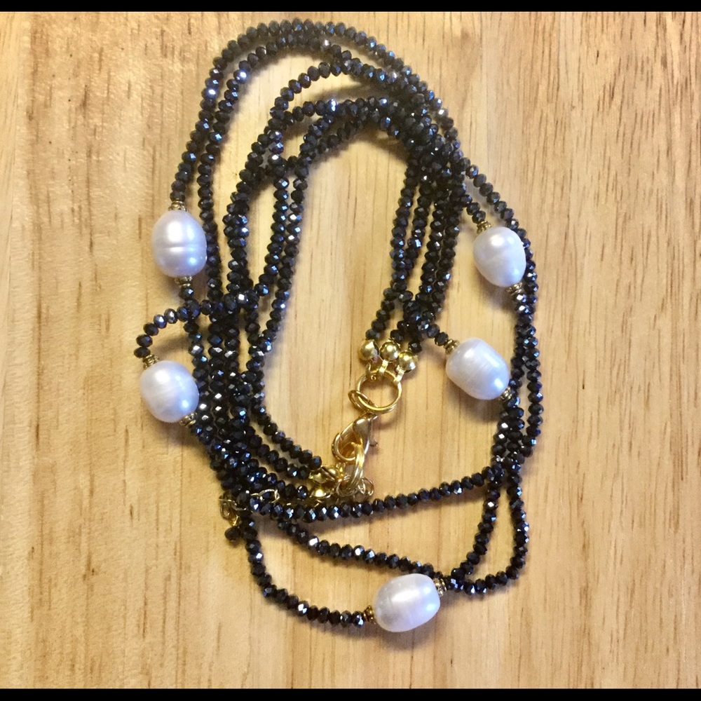 Genuine Pearls Dark Blue Crystals Necklace - Picture 5 of 5