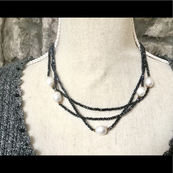 Jewelry - Genuine Pearls Dark Blue Crystals Necklace