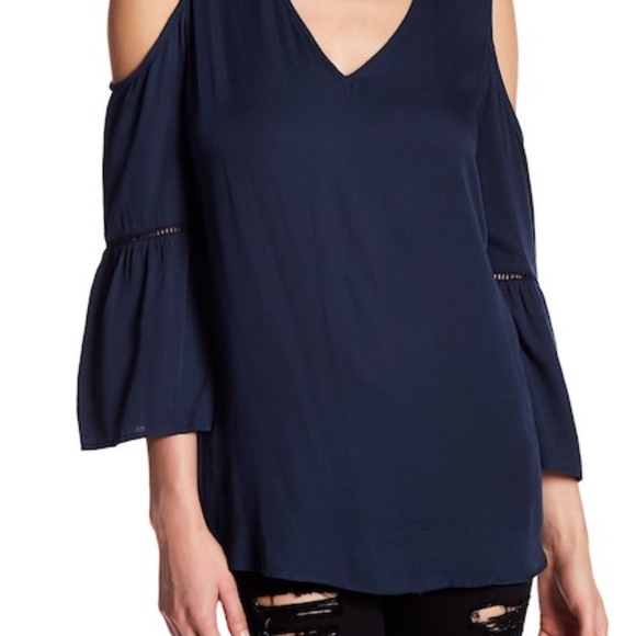 Pleione Tops - Pleione Cold Shoulder Bell Sleeve Blouse in Navy