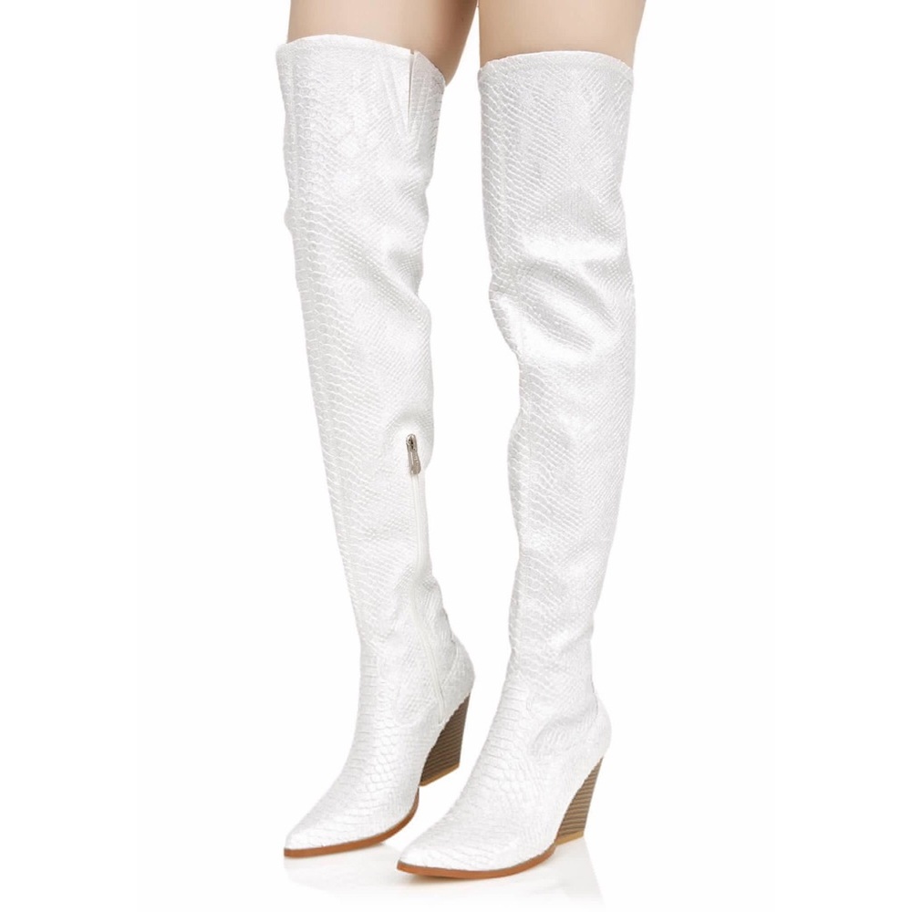 WHITE SHIMMERY SNAKESKIN THIGH HIGH BOOTS