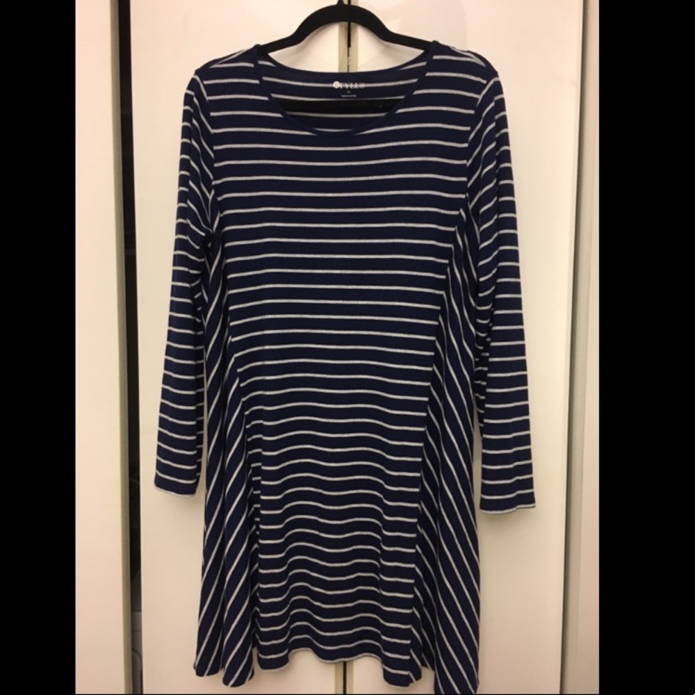 Striped Navy & Gray Long-Sleeved Swing Dress