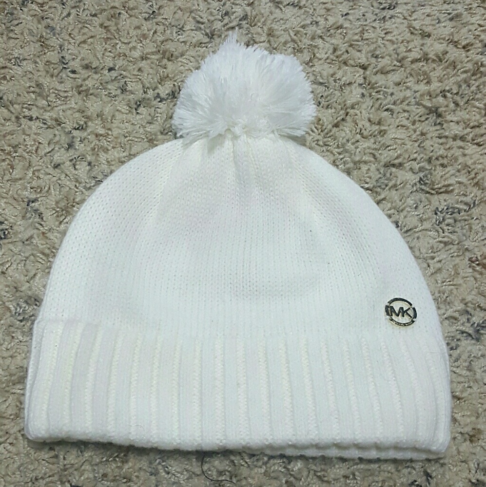 Michael Kors Cream Pom Beenie with Gold MK emblem