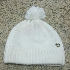 Michael Kors Cream Pom Beenie with Gold MK emblem