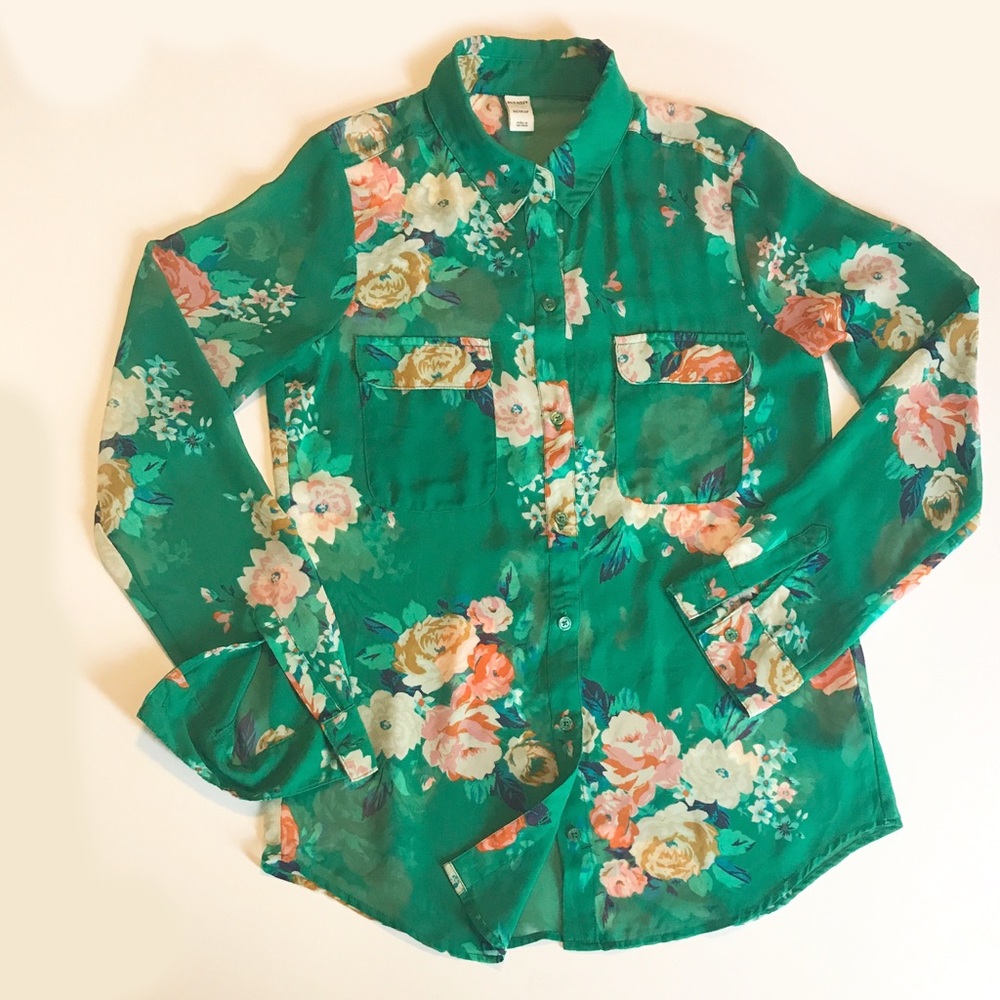 Sheer Green Flowered collared Blouse