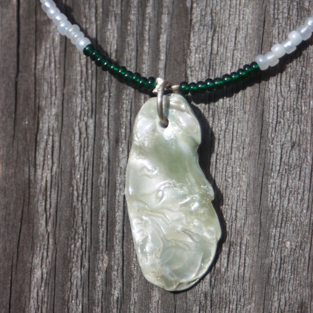Green shell pendant with seed beads (item#1)