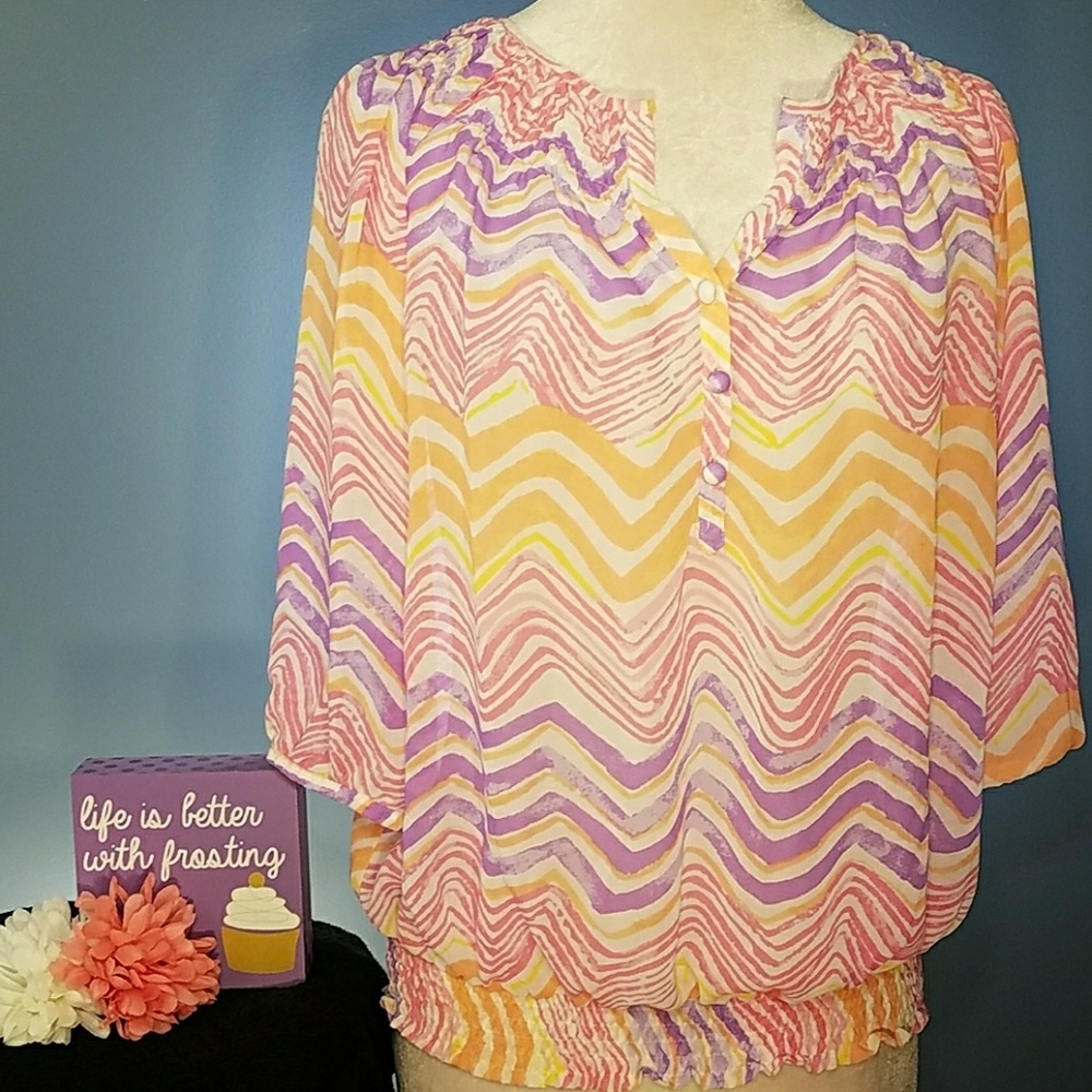 NEW YORK & CO Pastel colored sheer peasant blouse - Picture 1 of 6