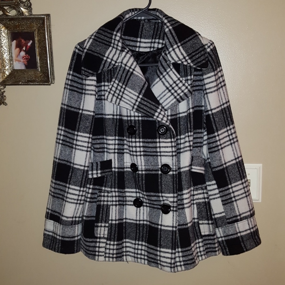 Black and White Plaid Pea Coat