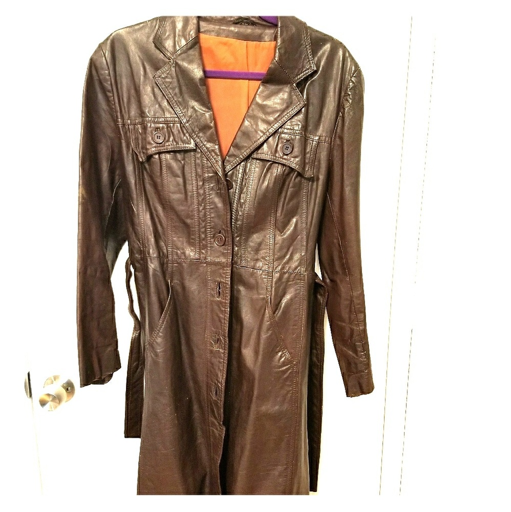 Vintage Floor Length Brown Leather Trench Coat