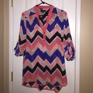 Coral/black/blue sheer chevron top