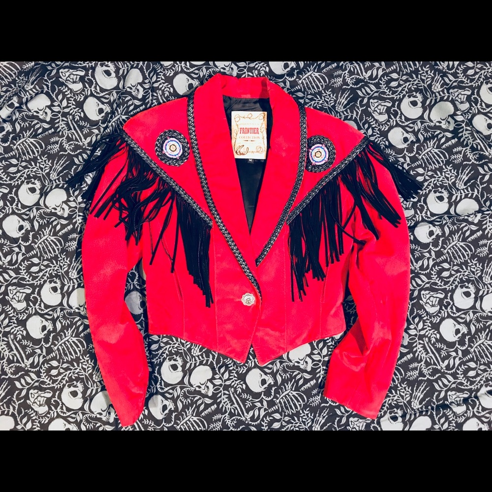 Western 🐎 Boho Red Suede Fringe and Bead Jacket