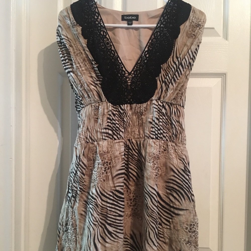 BEBE silk dress with crochet neck detail