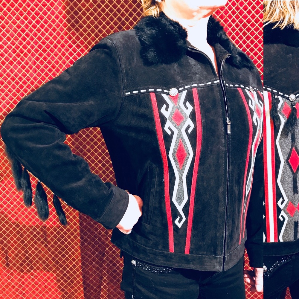 Southwestern Red Black Tribal Suede Fur Jacket