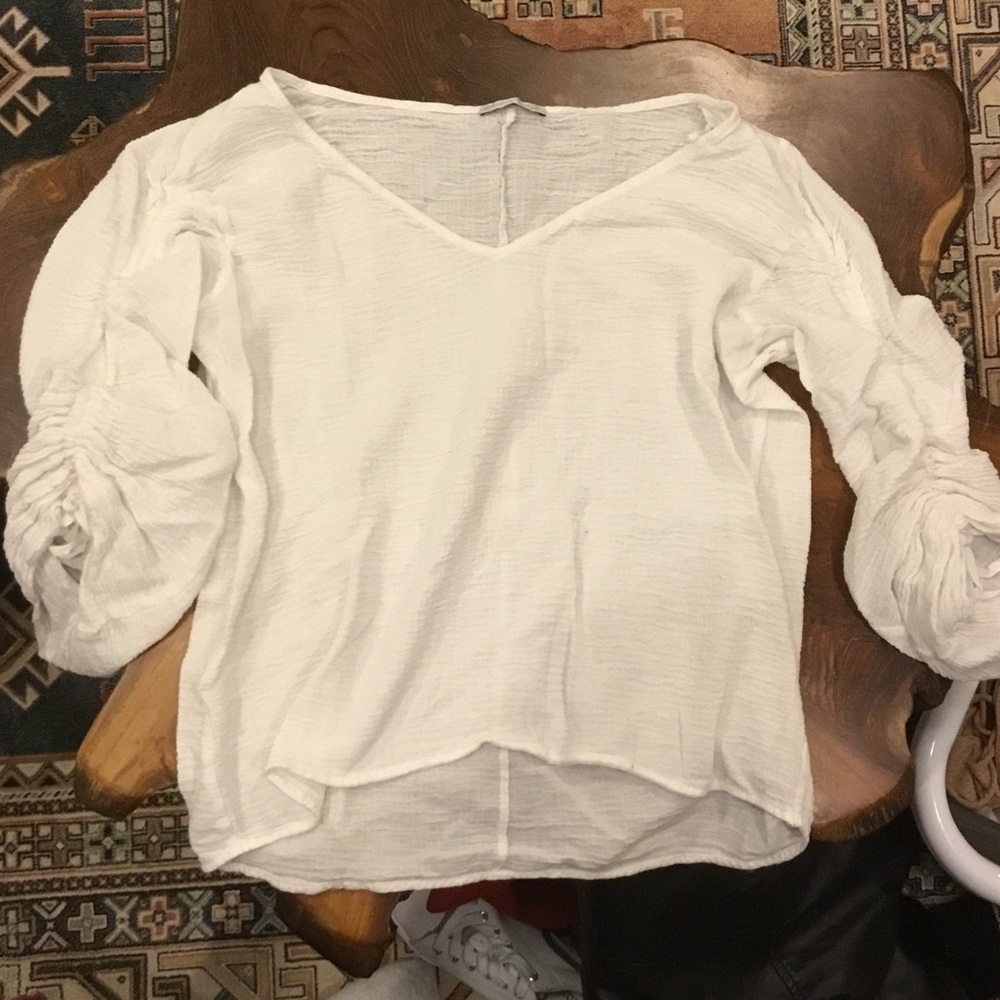 Zara Ruched Sleeve Linen Blend Blouse